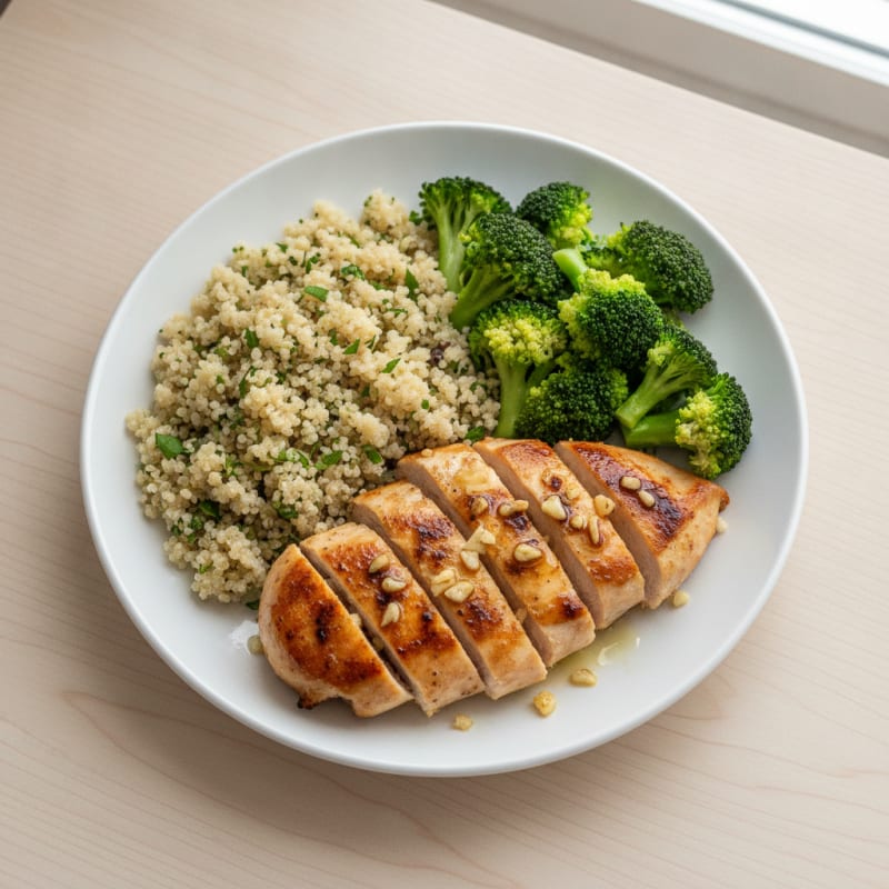 Lemon Garlic Grilled Chicken Breast with Quinoa and Steamed Broccoli