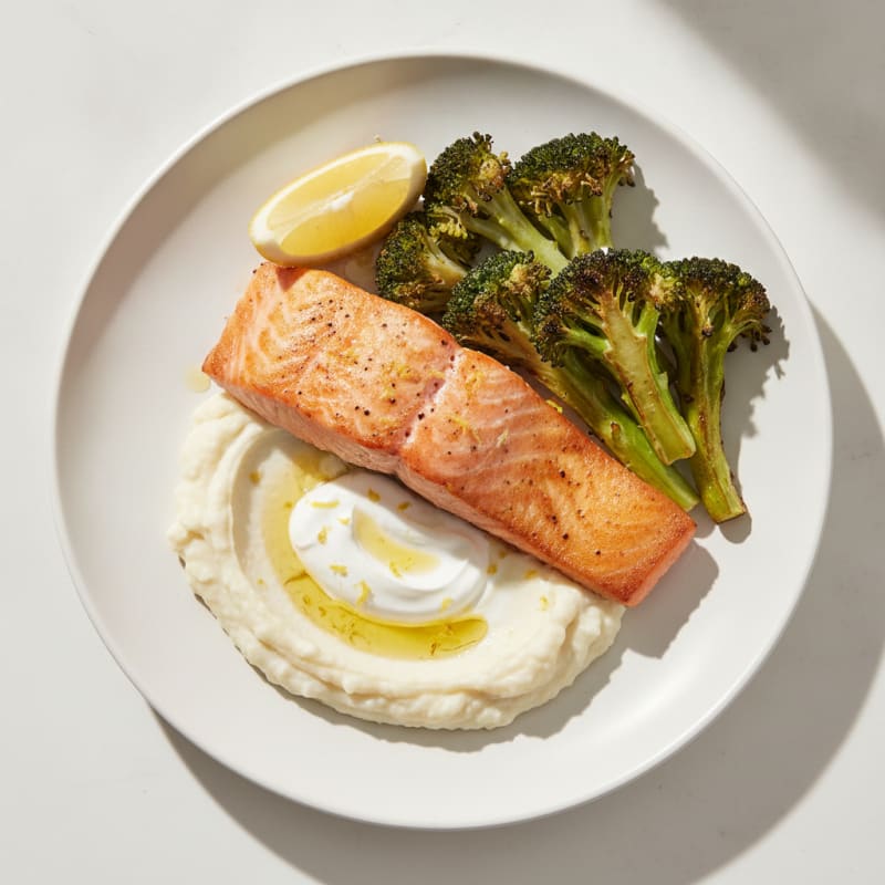 Seared Salmon with Roasted Broccoli and Garlic Mashed Cauliflower