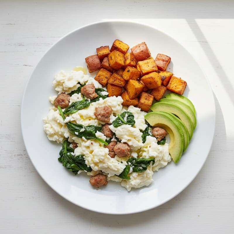Egg White and Turkey Sausage Scramble with Sautéed Spinach