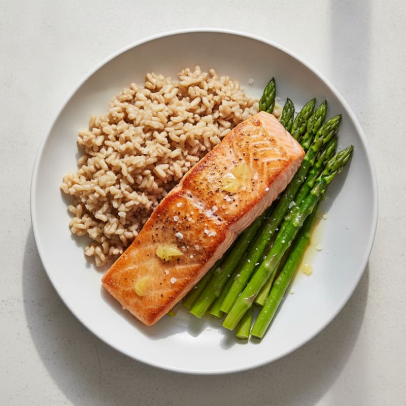Seared Salmon Fillet with Steamed Asparagus and Brown Rice