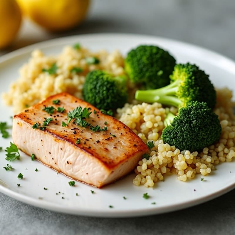 Flaky Pan-Seared Tuna with Lemon Herb Quinoa and Roasted Broccoli
