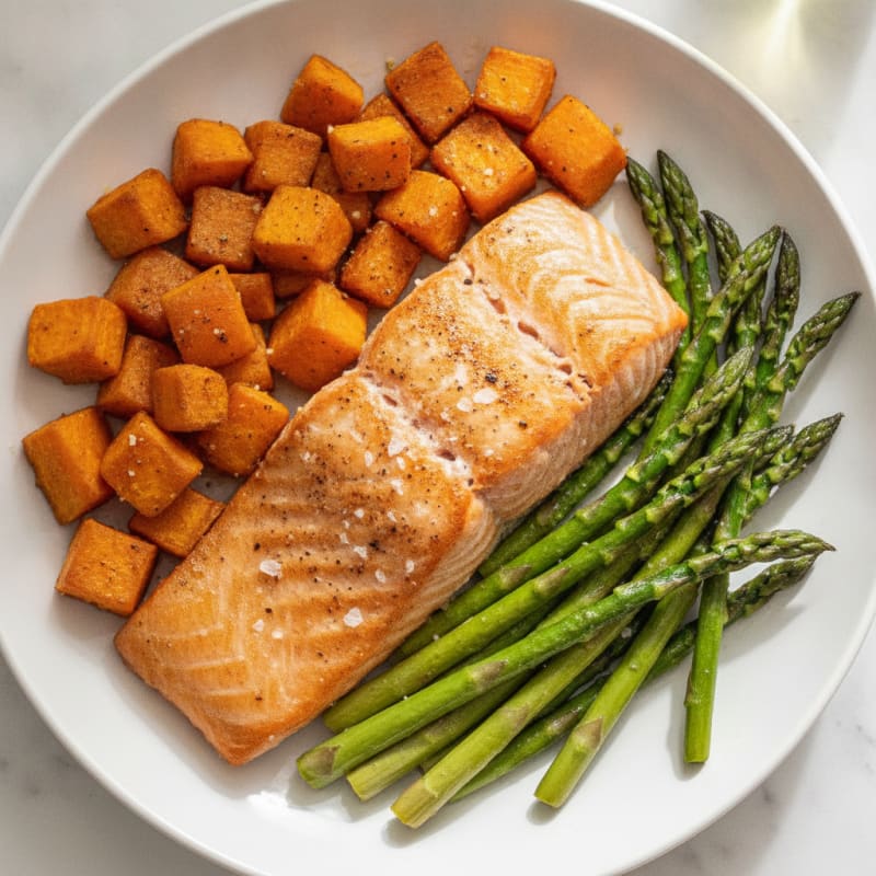 Seared Salmon Fillet with Roasted Sweet Potatoes and Asparagus