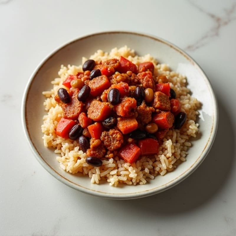 Hearty Three-Bean TVP Chili with Brown Rice