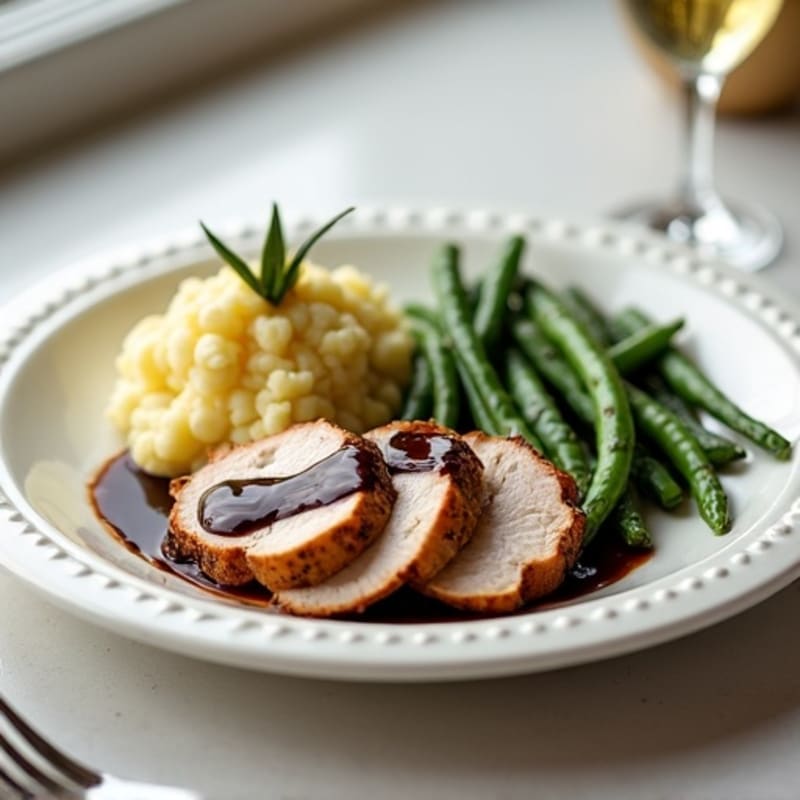 Seared Turkey Breast with Steamed Green Beans, Mashed Cauliflower & Chocolate Mole Drizzle