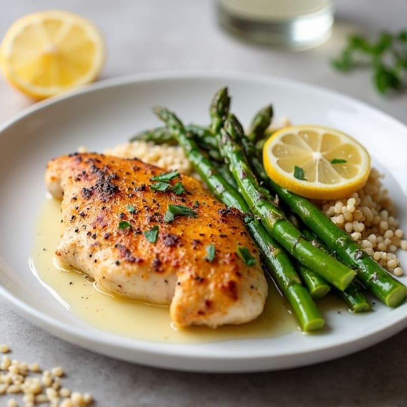 Lemon Garlic Pan-Seared Chicken with Roasted Asparagus and Quinoa