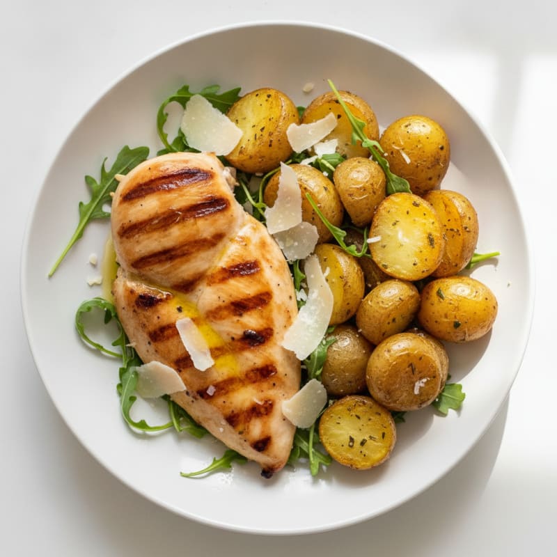 Grilled Chicken Breast with Roasted Potatoes and Shaved Parmesan