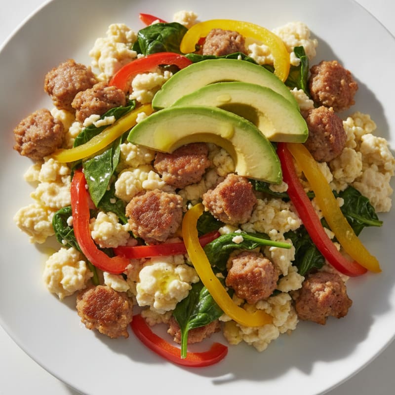 Egg White and Turkey Sausage Scramble with Spinach and Bell Peppers