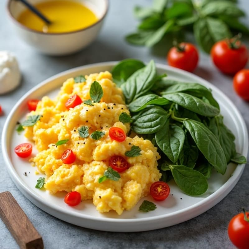 Fluffy Scrambled Eggs with Fresh Spinach and Cherry Tomatoes