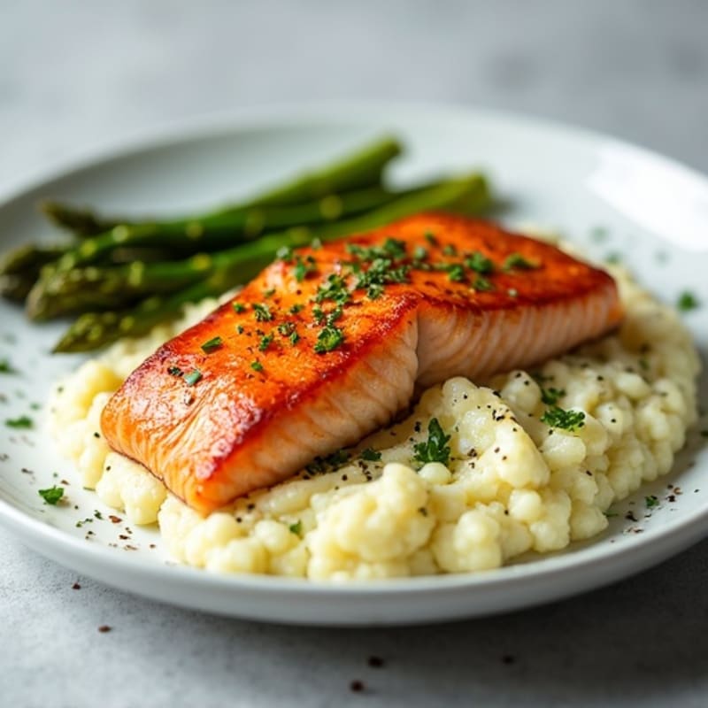 Seared Salmon Fillet with Roasted Asparagus and Cauliflower Mash