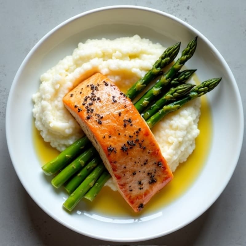 Seared Salmon with Steamed Asparagus and Cauliflower Mash
