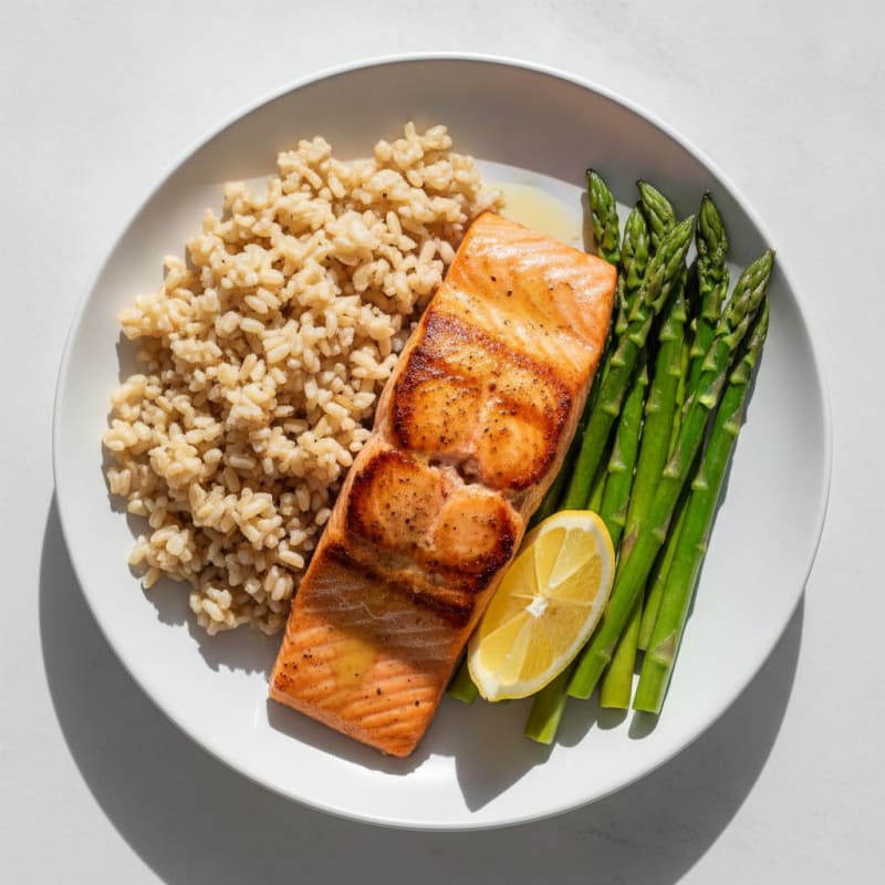 Seared Salmon with Steamed Asparagus and Brown Rice