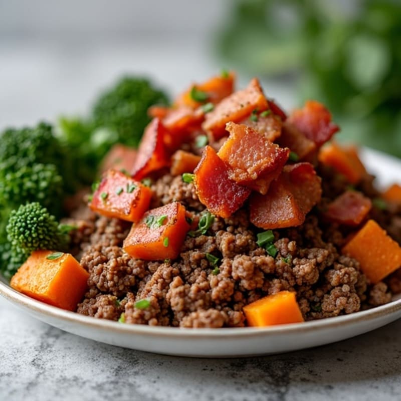 Crispy Bacon and Ground Beef Hash with Roasted Sweet Potatoes and Kale