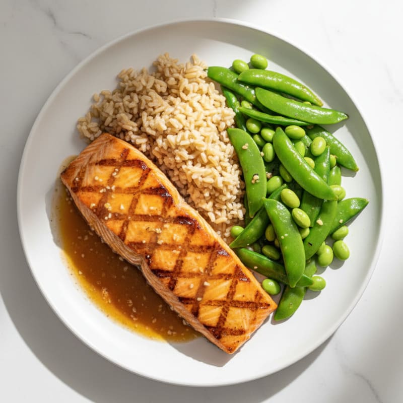 Grilled Salmon with Stir-Fried Snow Peas and Brown Rice