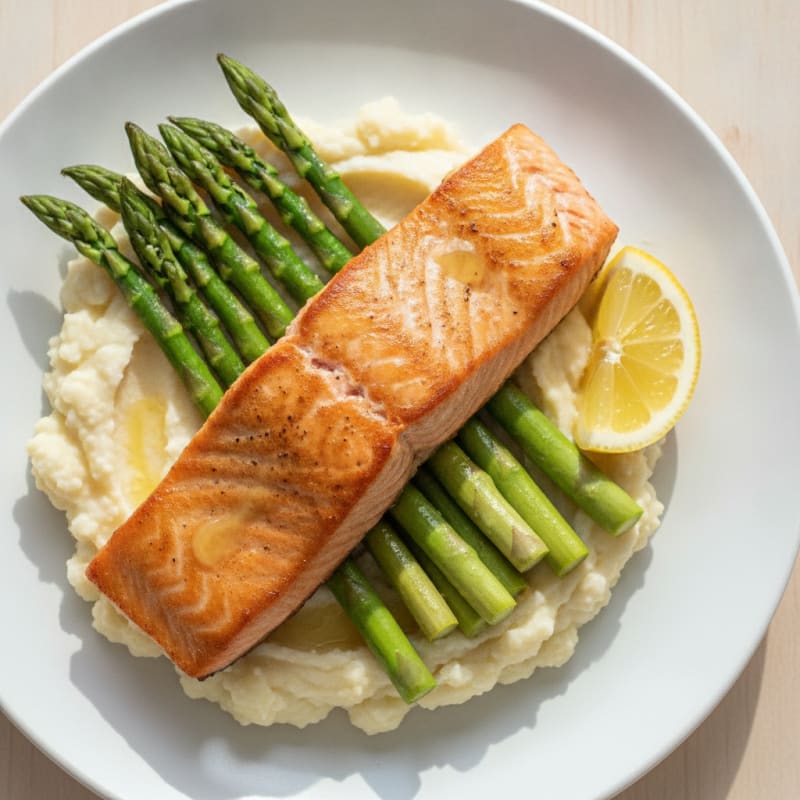 Seared Salmon with Steamed Asparagus and Cauliflower Mash