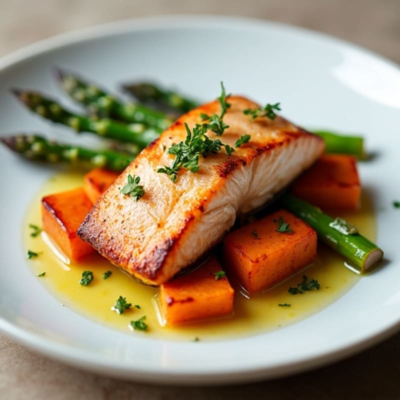 Seared Salmon with Roasted Sweet Potato and Asparagus