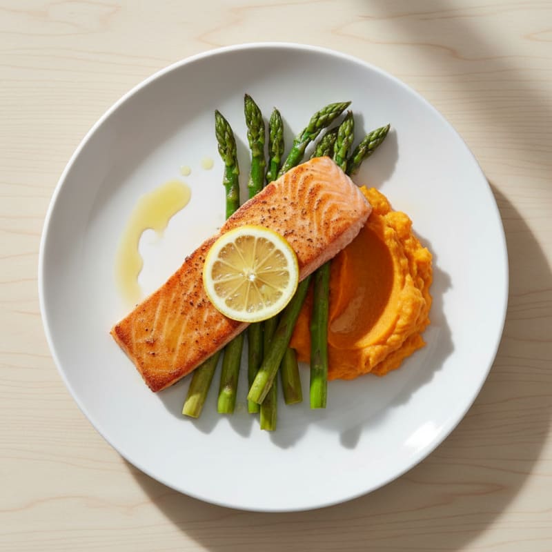 Seared Salmon with Roasted Asparagus and Sweet Potato Mash