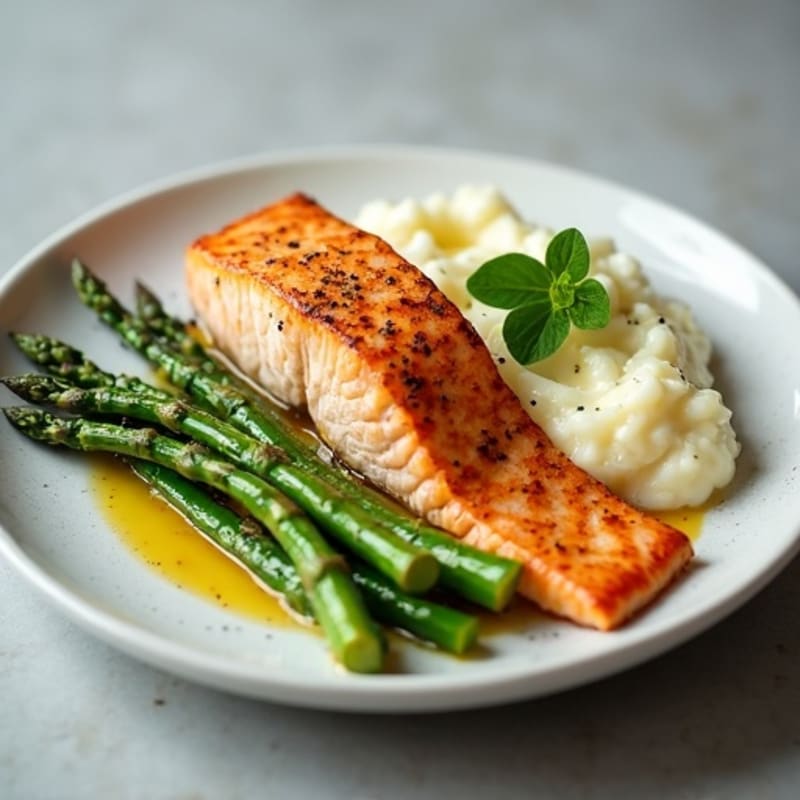 Seared Salmon with Steamed Asparagus and Garlic Mashed Potatoes