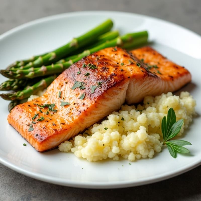 Seared Salmon with Steamed Asparagus and Garlic Mashed Cauliflower