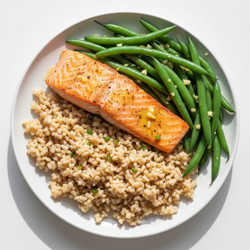 Seared Salmon with Garlic Green Beans and Brown Rice
