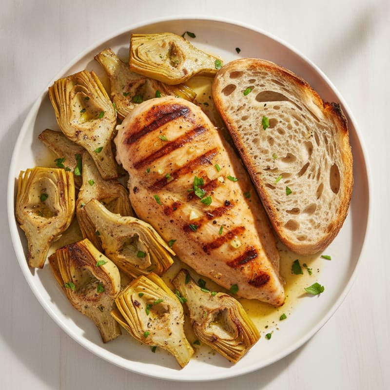 Herb-Grilled Chicken Breast with Roasted Artichokes and Sourdough Bread