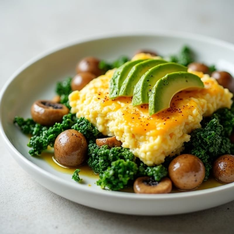 Cottage Cheese Egg White Scramble with Spinach and Sautéed Mushrooms