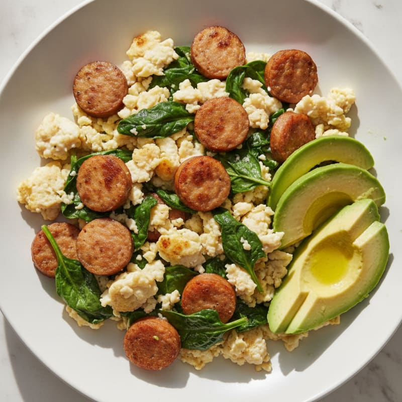 Egg White and Chicken Sausage Scramble with Spinach
