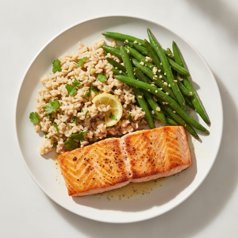Seared Salmon with Garlic Green Beans and Herb Rice