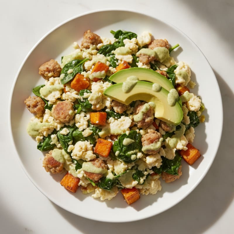 Egg White and Turkey Sausage Scramble with Spinach and Sweet Potato