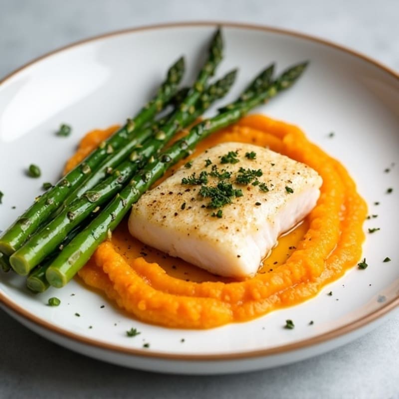 Baked Cod with Roasted Asparagus and Sweet Potato Mash