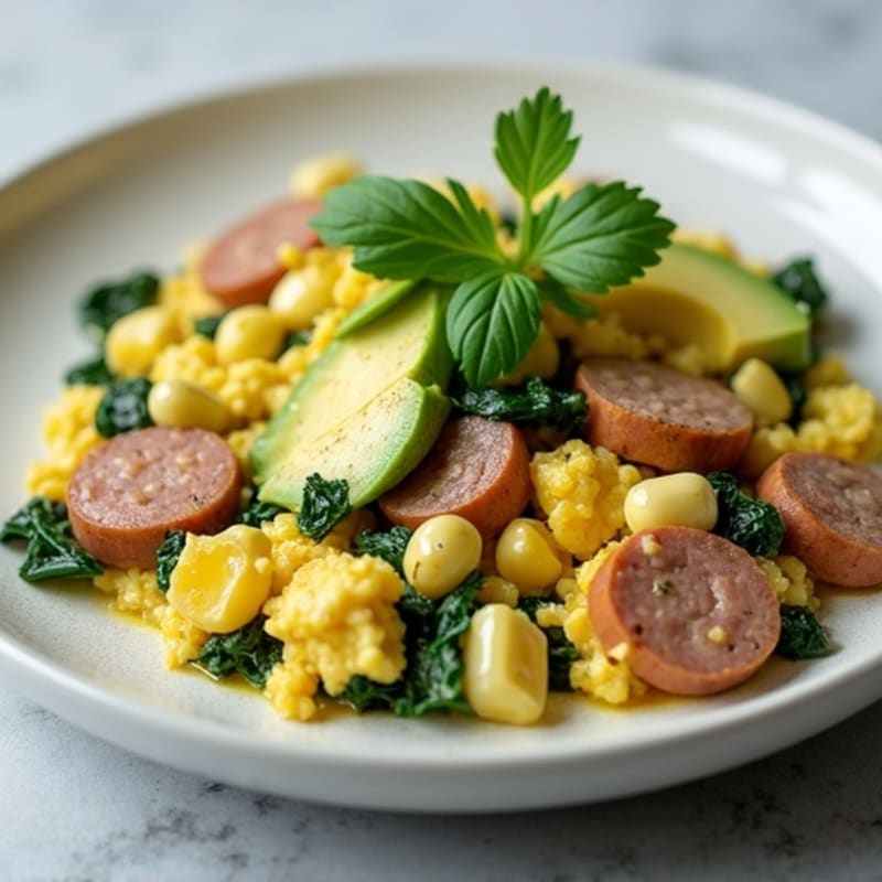 Egg White and Turkey Sausage Scramble with Cottage Cheese and Spinach