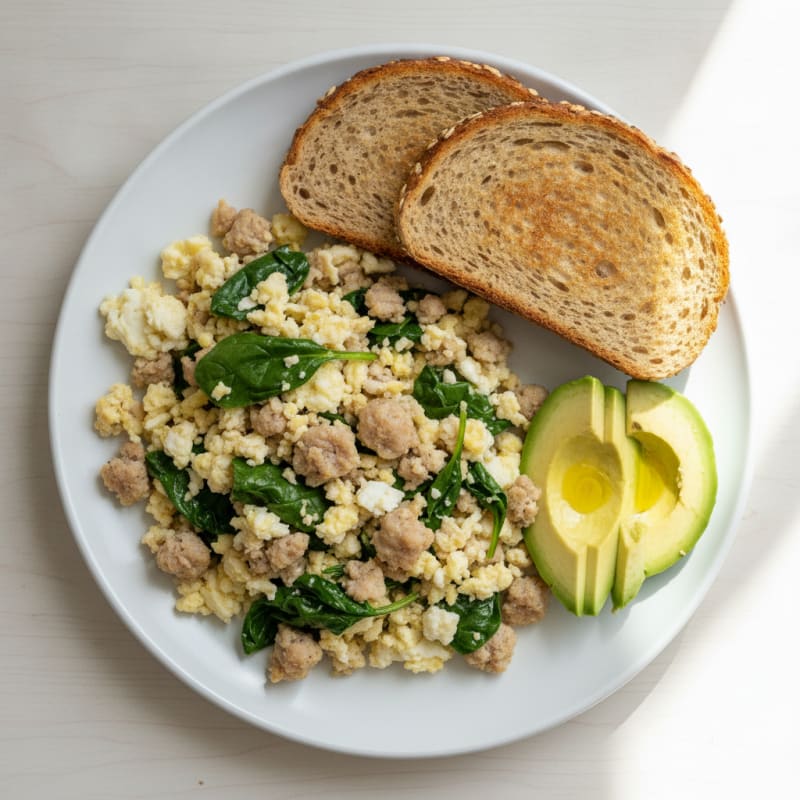 Egg White Spinach Scramble with Turkey Sausage