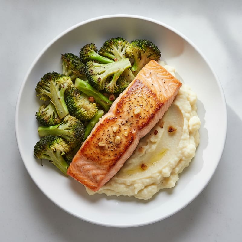 Seared Salmon with Roasted Broccoli and Garlic Mash