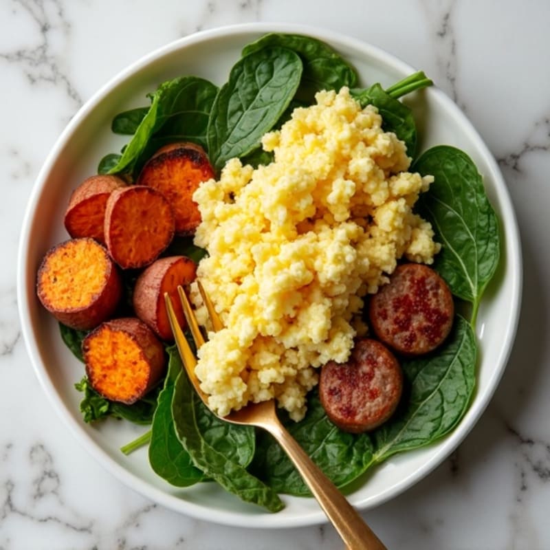 Egg White and Turkey Sausage Scramble with Spinach and Roasted Sweet Potatoes