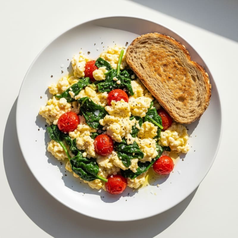 Cottage Cheese Egg Scramble with Sautéed Spinach and Tomatoes