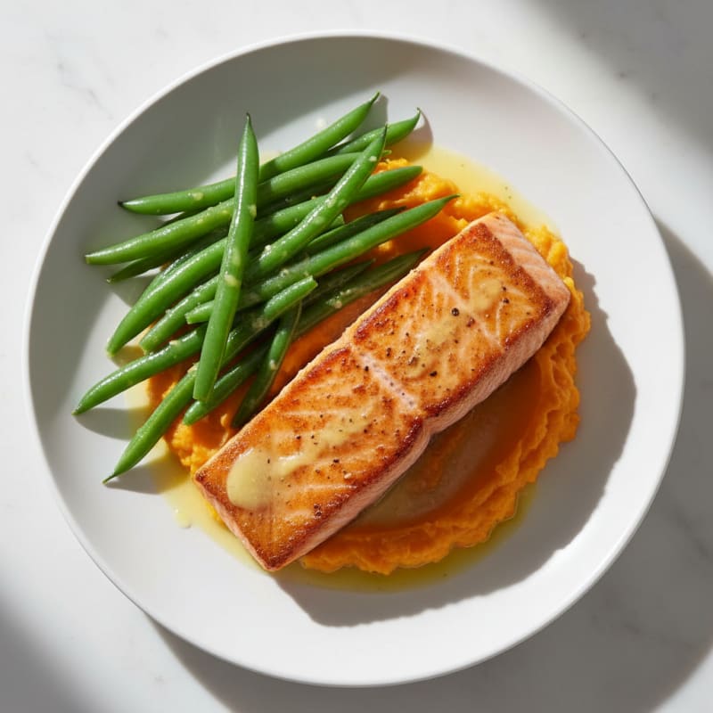 Seared Salmon with Steamed Green Beans and Sweet Potato Mash