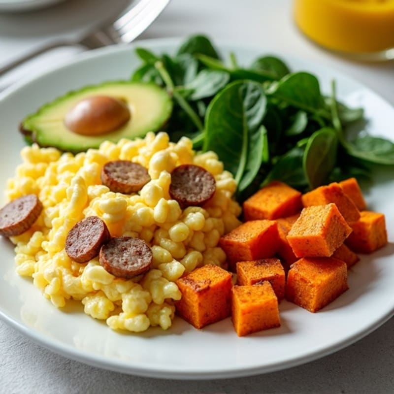 Egg White and Turkey Sausage Scramble with Spinach and Roasted Sweet Potatoes