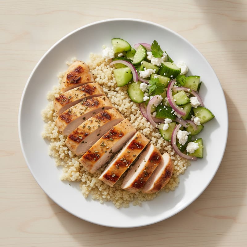 Grilled Chicken Breast with Quinoa and Crunchy Cucumber Salad