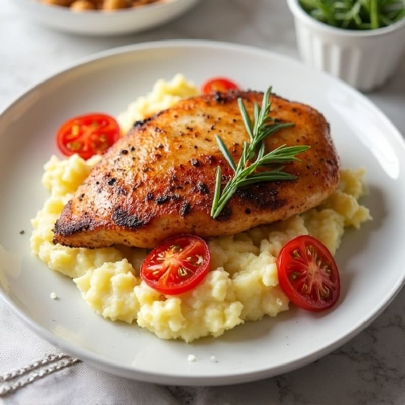 Seared Chicken Breast with Herb Mashed Potatoes and Roasted Tomatoes