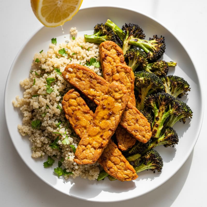 Crispy Baked Tempeh with Herb Quinoa and Roasted Broccoli