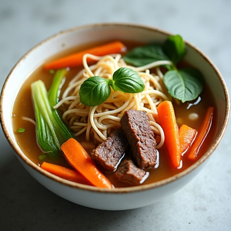 Aromatic Beef Noodle Soup with Fresh Herbs and Crisp Vegetables