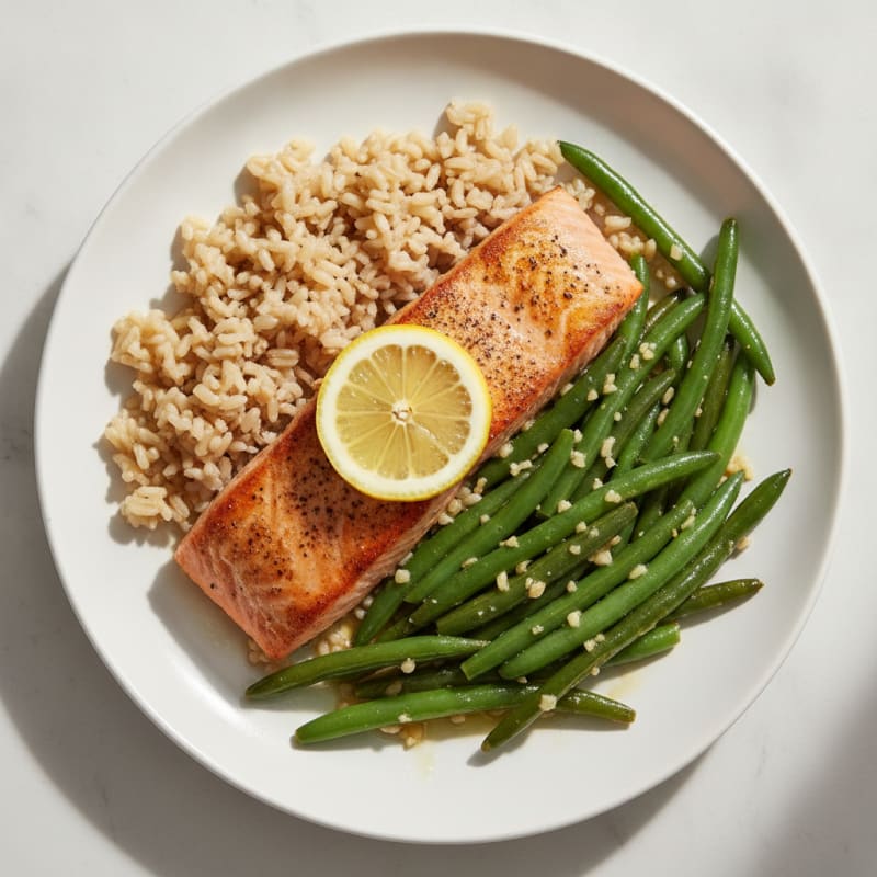 Seared Salmon with Garlic Green Beans and Brown Rice