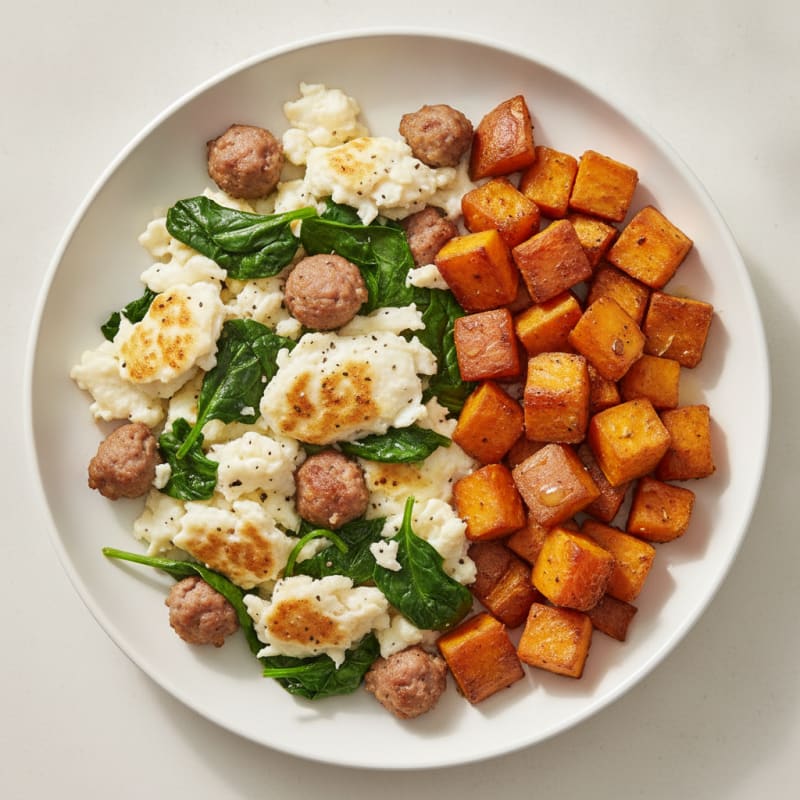 Egg White and Turkey Sausage Scramble with Spinach and Roasted Sweet Potato