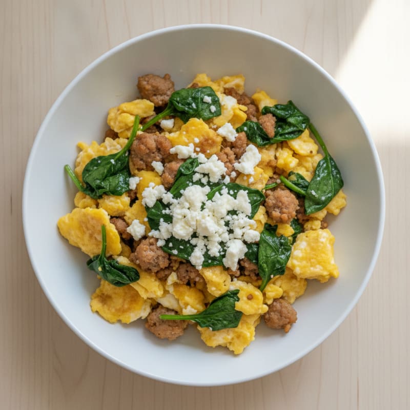 Scrambled Eggs with Turkey Sausage and Spinach