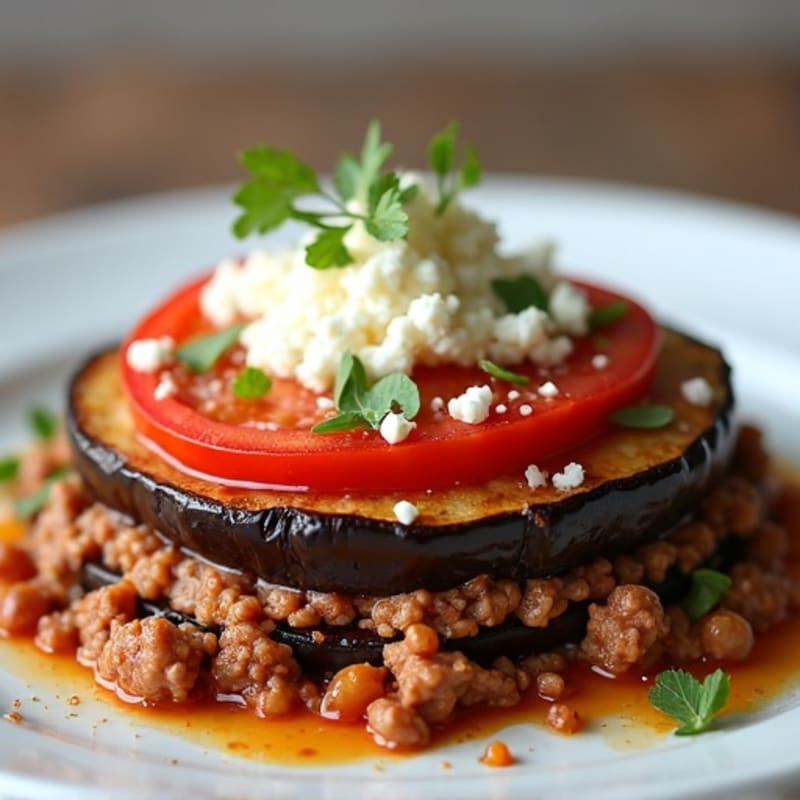 Baked Eggplant and Savory Ground Beef Layers with Creamy Feta Topping