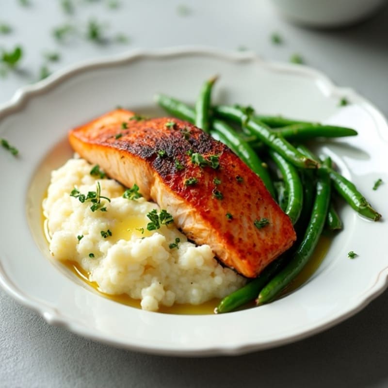 Seared Salmon with Steamed Green Beans and Cauliflower Mash
