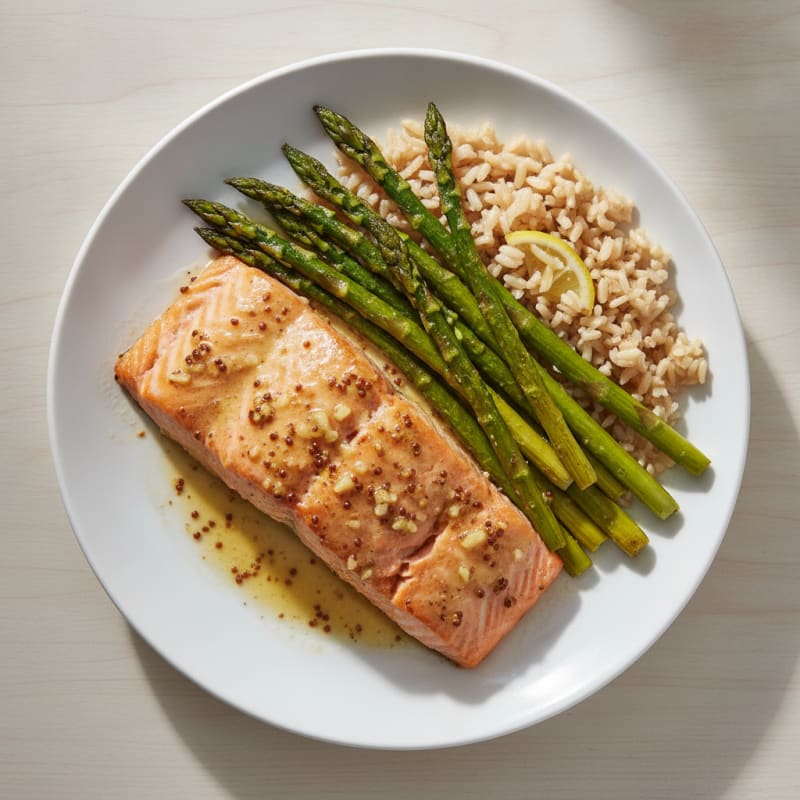 Baked Garlic Dijon Salmon with Roasted Asparagus and Brown Rice