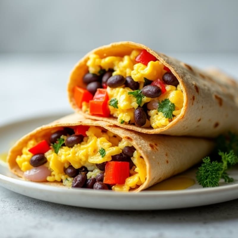 Hearty Scrambled Egg, Crispy Veggie, and Black Bean Burrito