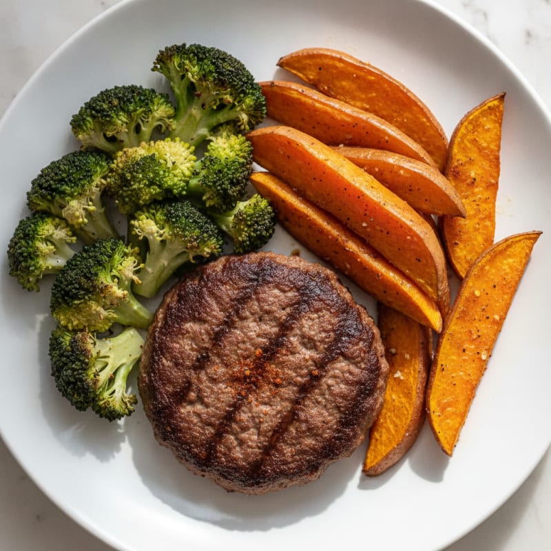 Lean Beef Hamburger Patty with Roasted Broccoli and Sweet Potato Wedges