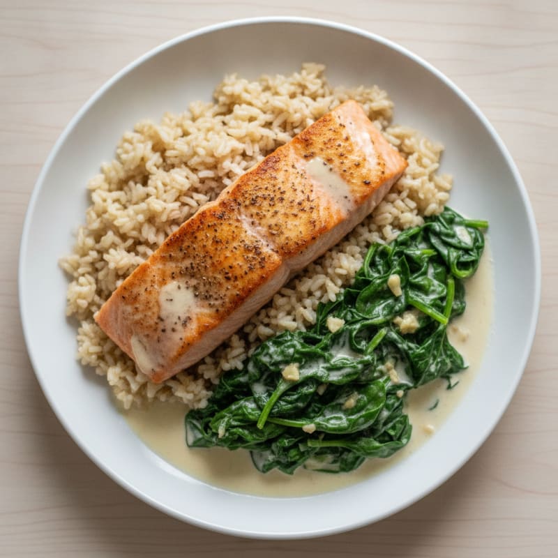Seared Salmon with Creamy Spinach and Brown Rice