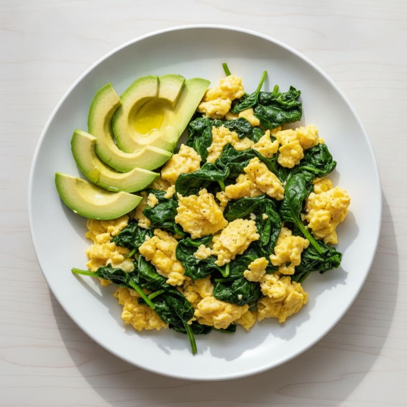 Scrambled Eggs with Sautéed Spinach and Avocado